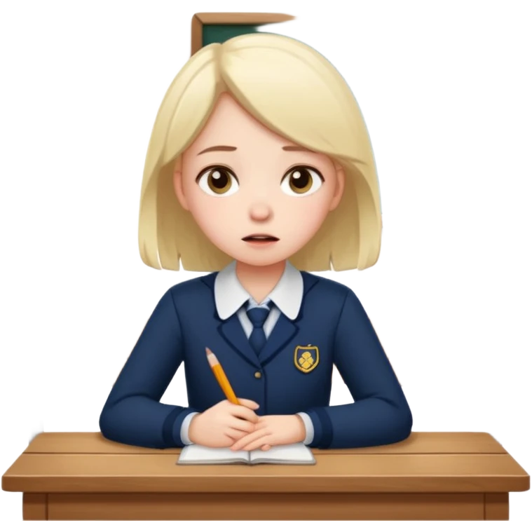 an anxious girl in school uniform sitting in front of a table  emoji