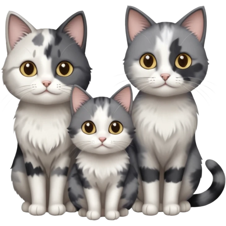 3 different coloured small cats including a dark grey and white, and a patchy calico and a solid grey with only white paws emoji