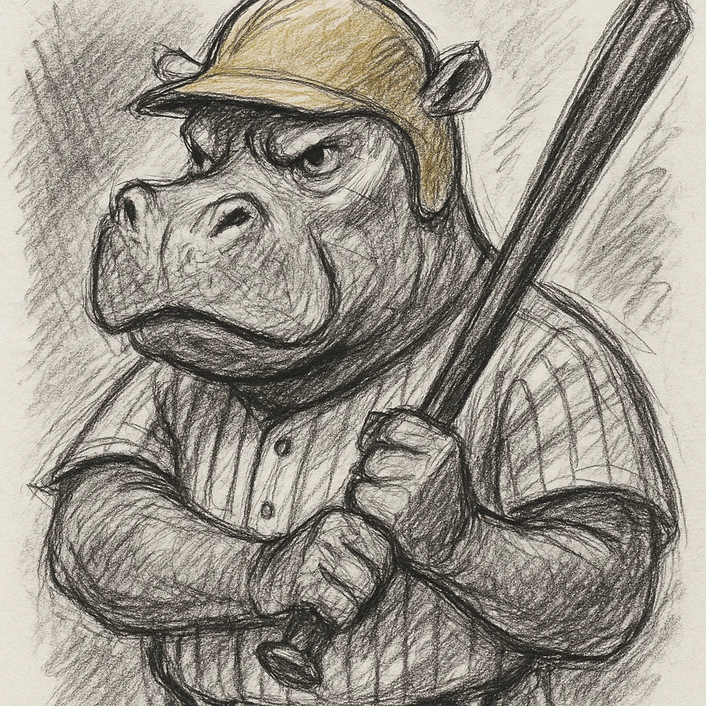 hippo holding a baseball bat, wearing a yellow helmet, pinstripes outfit emoji