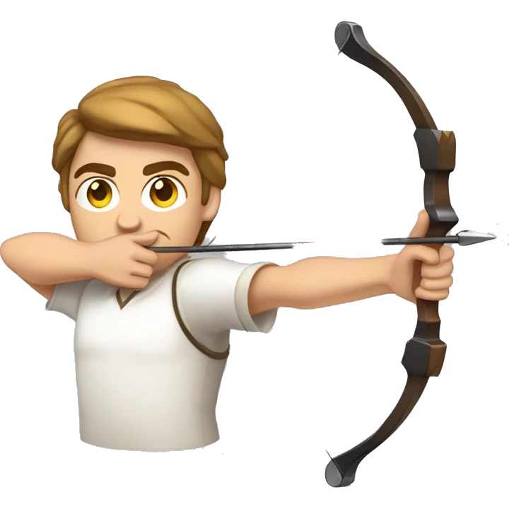 a male archer aiming with a bow looking and  aiming at his target, wearing a white shirt, very show brown hair, bright skin emoji
