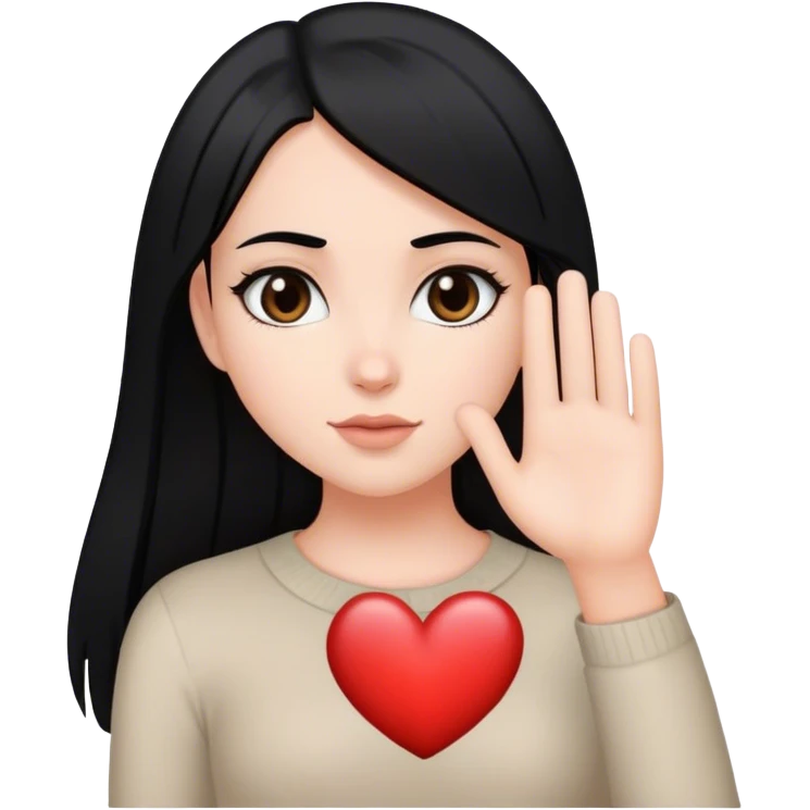 Chica blanca con cabello negro liso rizado y ojo marrones oscuros formando un corazón emoji