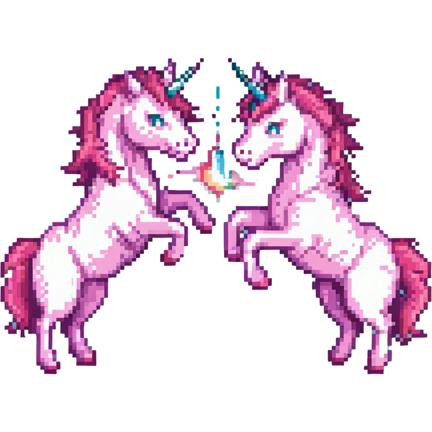 two pink unicorns fighting, pixel art style, retro, colorful emoji