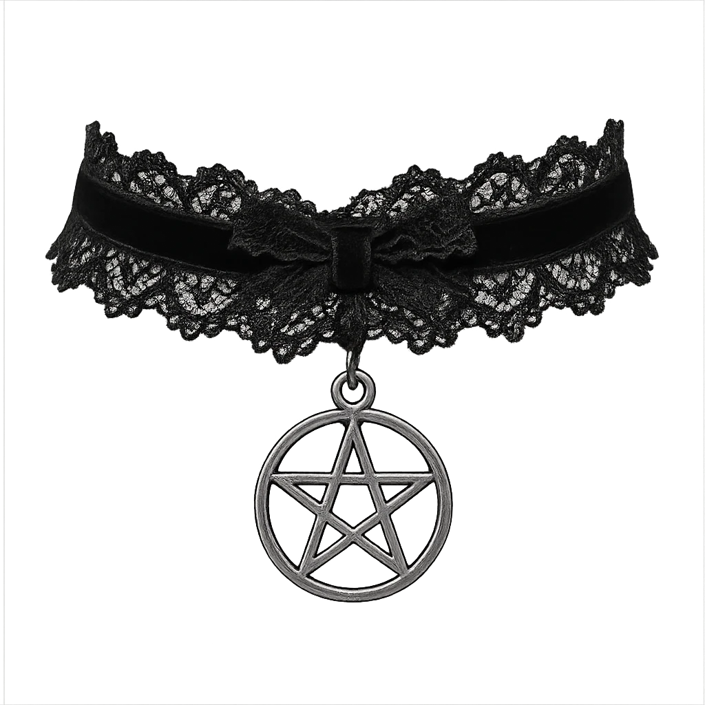a black goth choker with a silver pendant, lace details, gothic style emoji