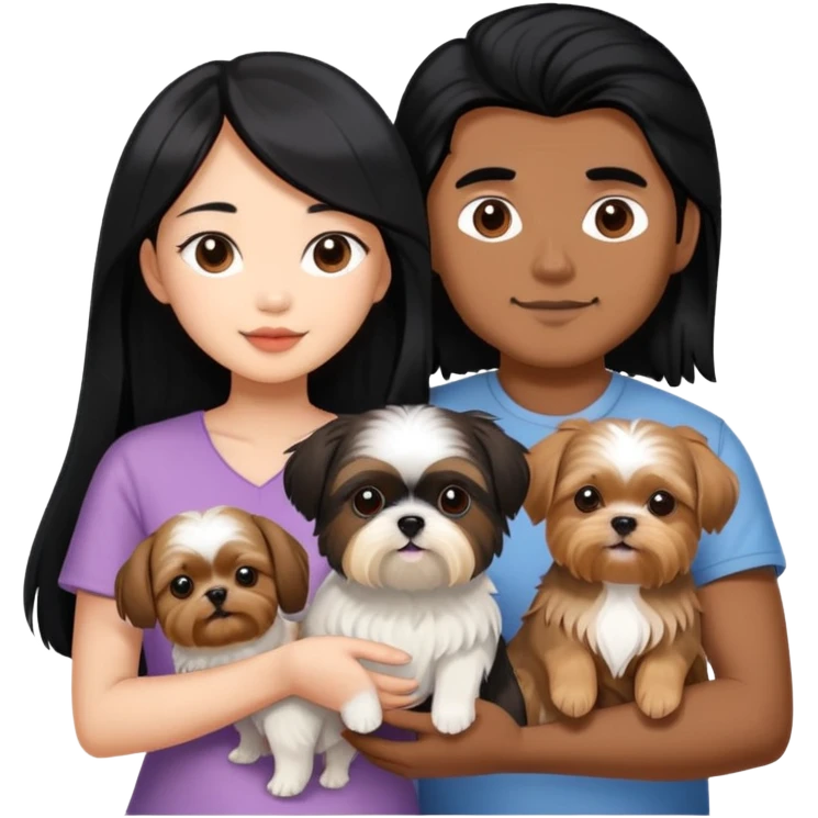 A beautiful Asian girl with long black hair is holding a Yorkshire Terrier. She is standing next to her brown skinned boyfriend, who is holding a Shih Tzu. They are each holding one dog each emoji