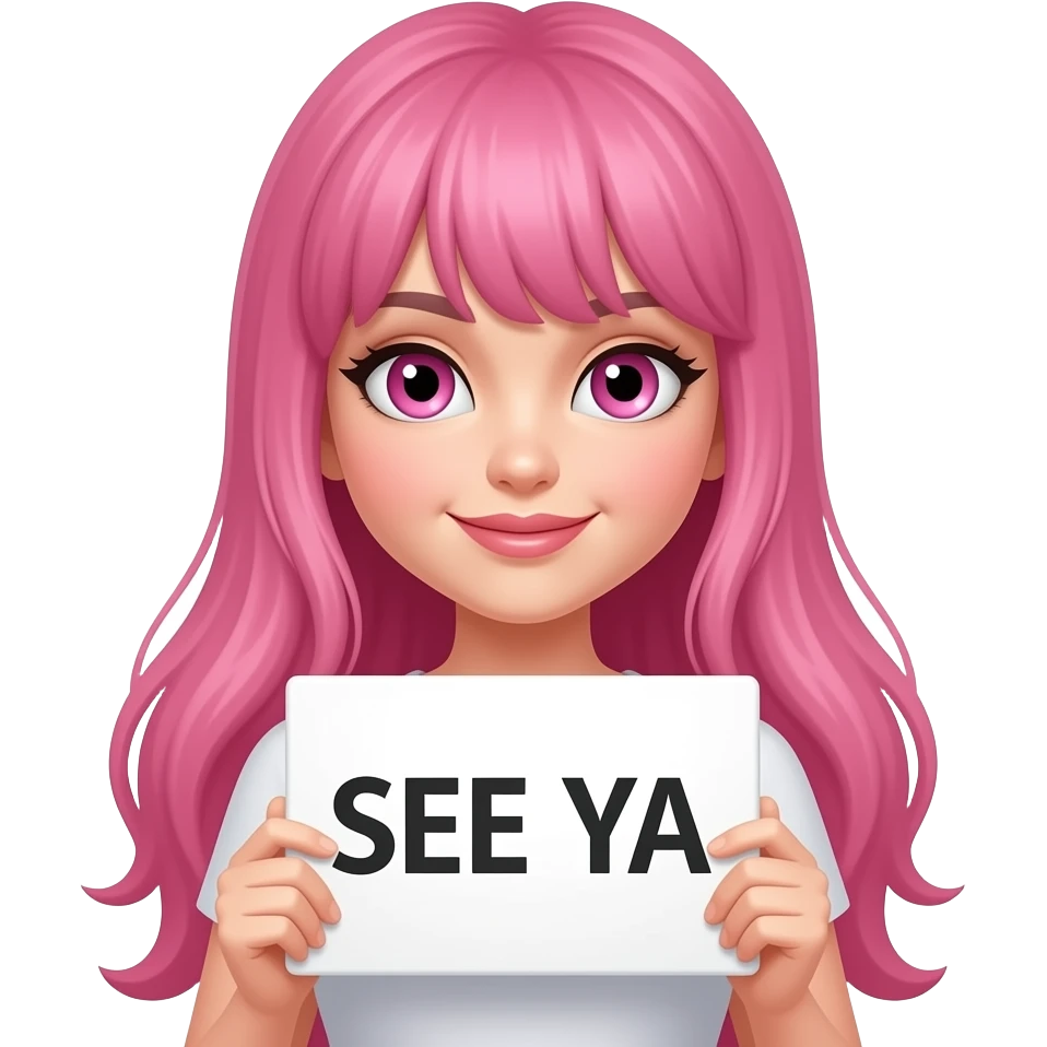 sexy girl with long pink hair and pink eyes holding a SEE YA sign emoji