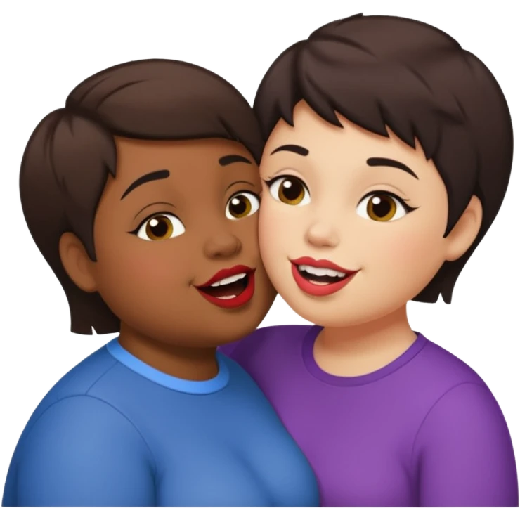 Chubby lesbian with medium dark hair kissing tall butch lesbian with huge teeth and short hair emoji