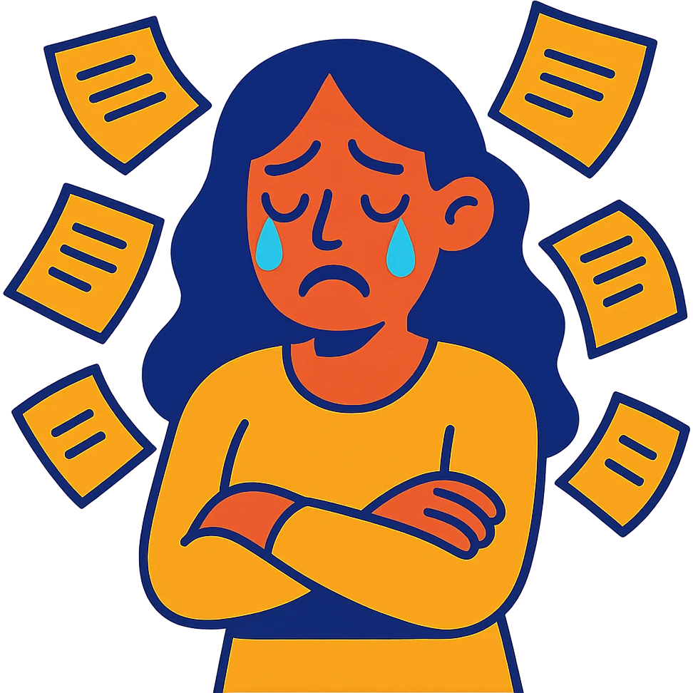 sad woman with flying papers around her, vibrant colors emoji