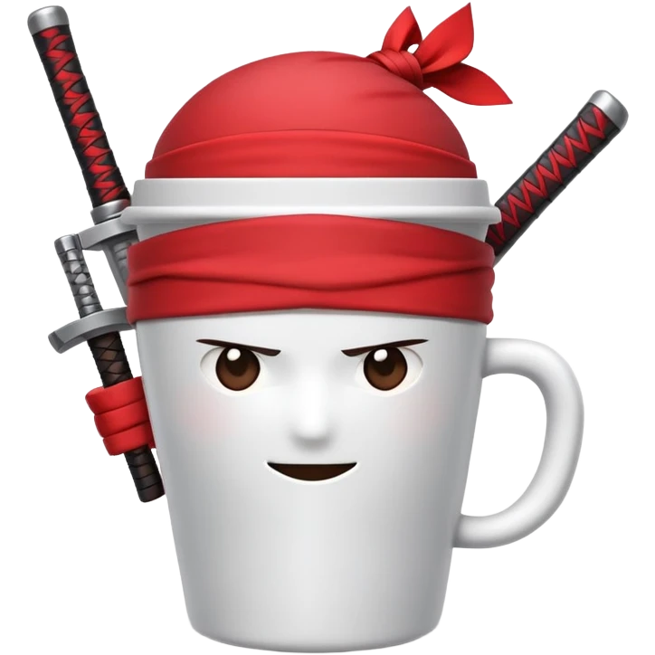 A disposable coffee cup character with a face, wearing a red ninja headband tied around the top and gripping a katana sword emoji