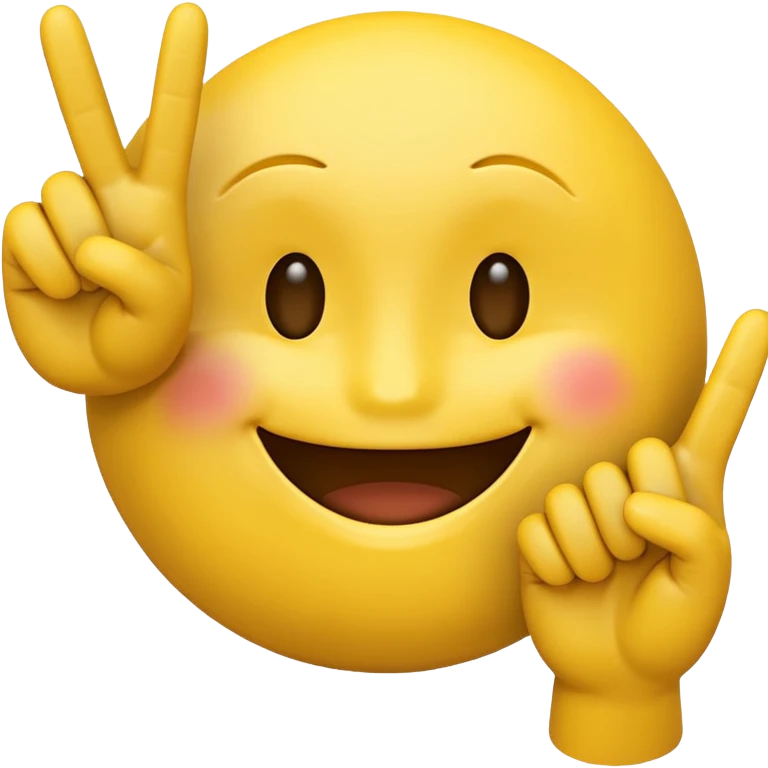 Create a 3d emoji of smiley with fingers showing peace sign. Background is white emoji