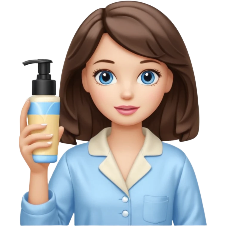 Barbie girl with makeup, blue eyes , and bob long haircut wavy, short brown hair in creamy color pajamas, face cream in hand emoji