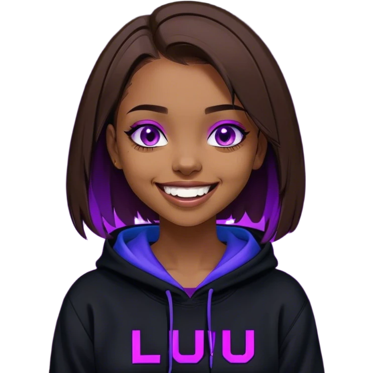 brown haired girl with a bob and blue eyes wearing black hoody with violet letters "Lu", laughs. Cyberpunk style. Violet neon. emoji