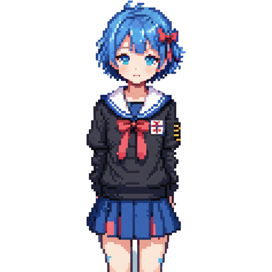 Pixel art anime girl with short bright blue hair wearing Japanese sailor style school uniform, standing with hand on hip but shyly glancing down with a small blush, small timid wave, very shy emoji