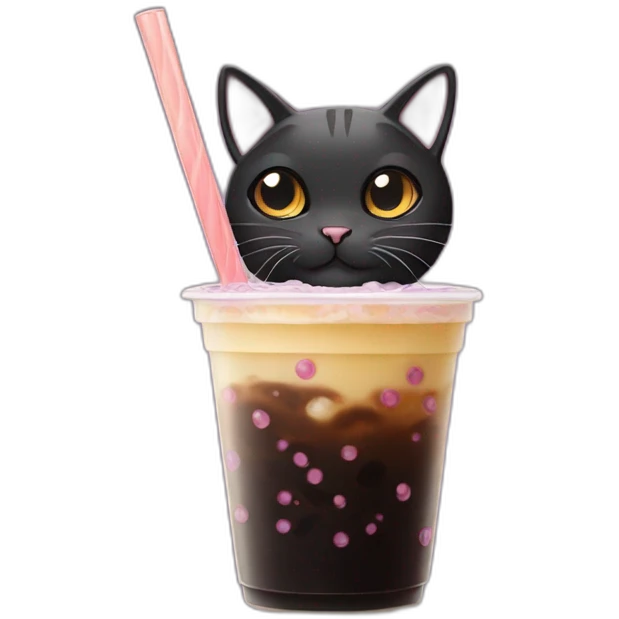 black cat drinking taro bubble tea emoji