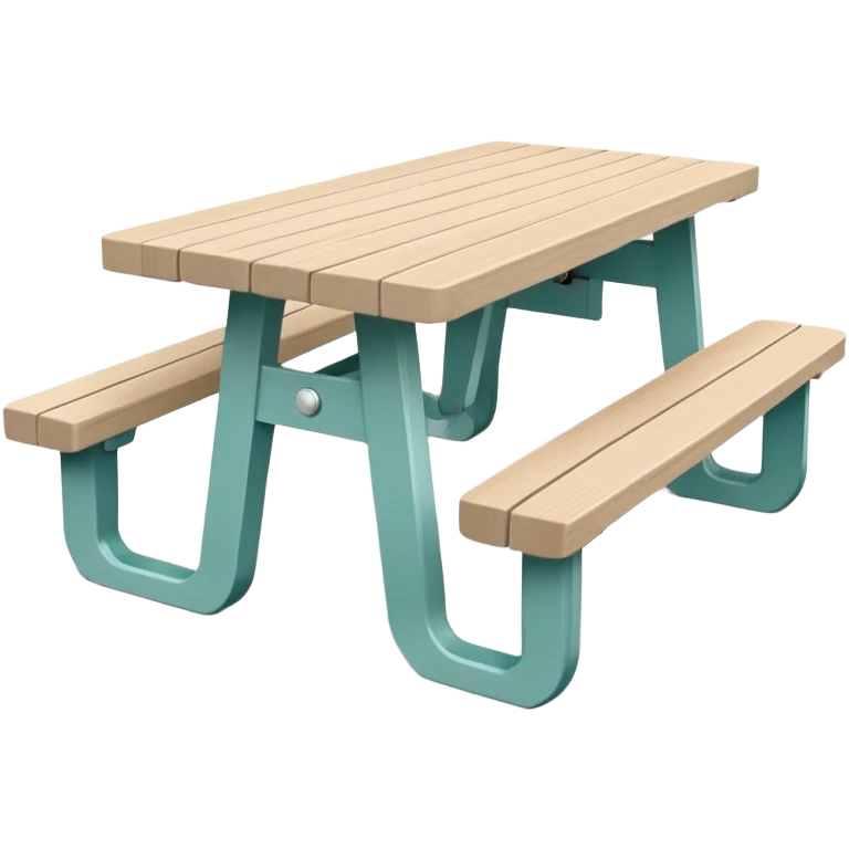 simple rectangular picnic table with attached benches, soft teal color, white end caps on table and benches, all legs straight, small wheels underneath, flat wood-style silhouette, muted teal tone, clean geometry, minimal shading emoji