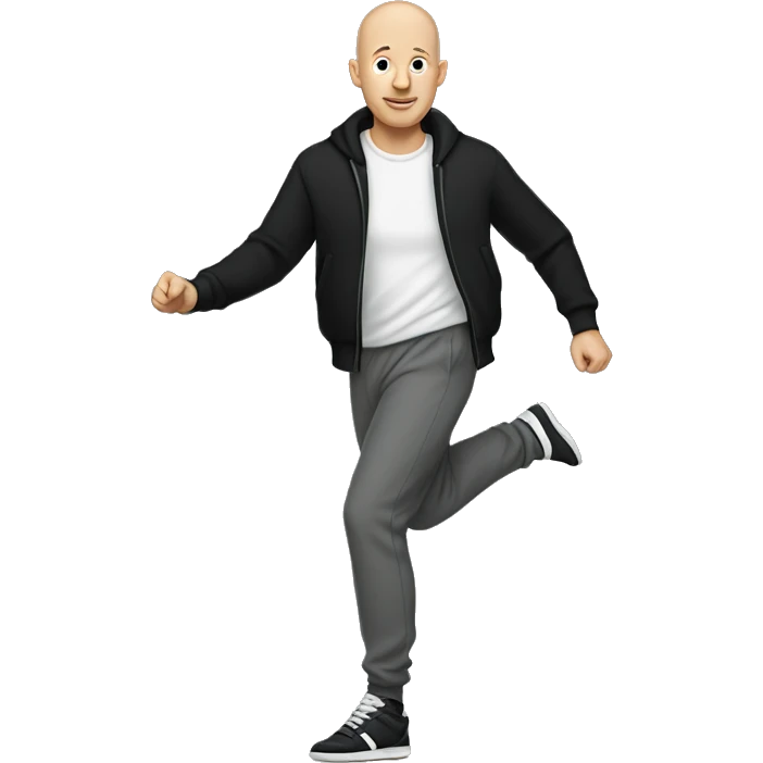 a bald white man, with a black sweater and gray jogging pants and dancing shoes emoji
