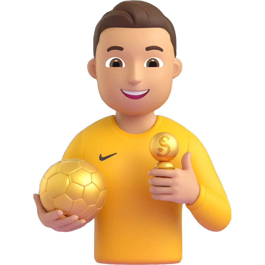 Christiano Ronaldo as a 3D emoji, smiling, holding a golden ball, simple background emoji