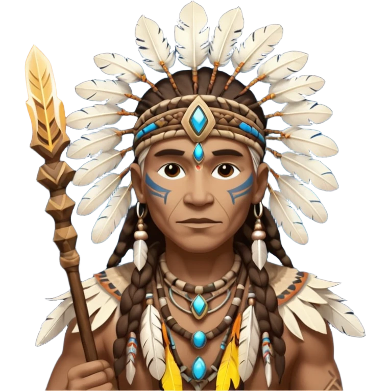 Tribal shaman silhouette with staff and feathers, spiritual aura, sacred geometry glow behind, powerful stance emoji