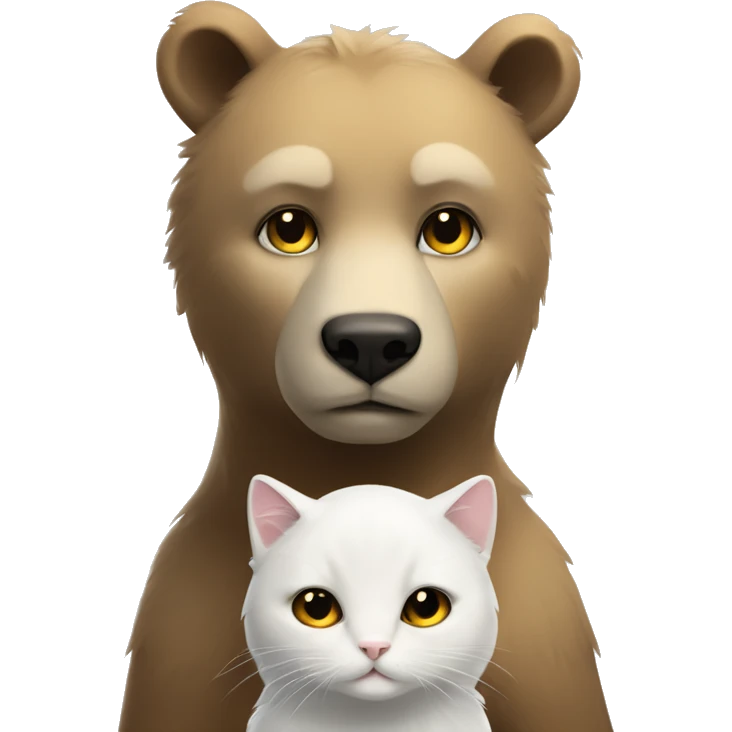 A bear cub with a white cat who has black ears and block heart on the forehead with golden eyes emoji