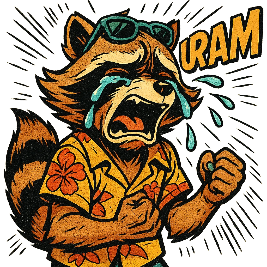 Rocket Raccoon Marvel Rivals summer skin, comic book style, crying, with text 'uram', transparent background emoji