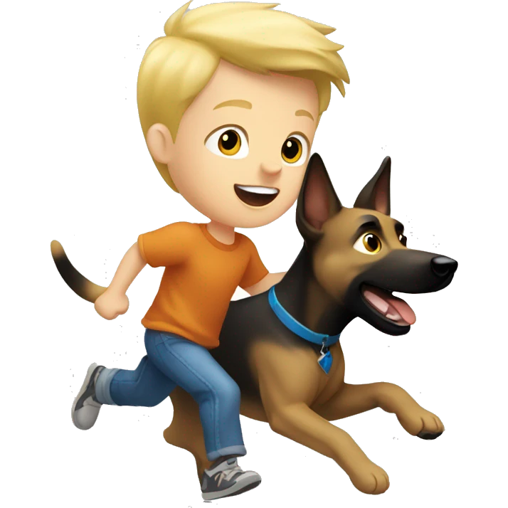 blond boy with blue eyes running with his malinois dog emoji