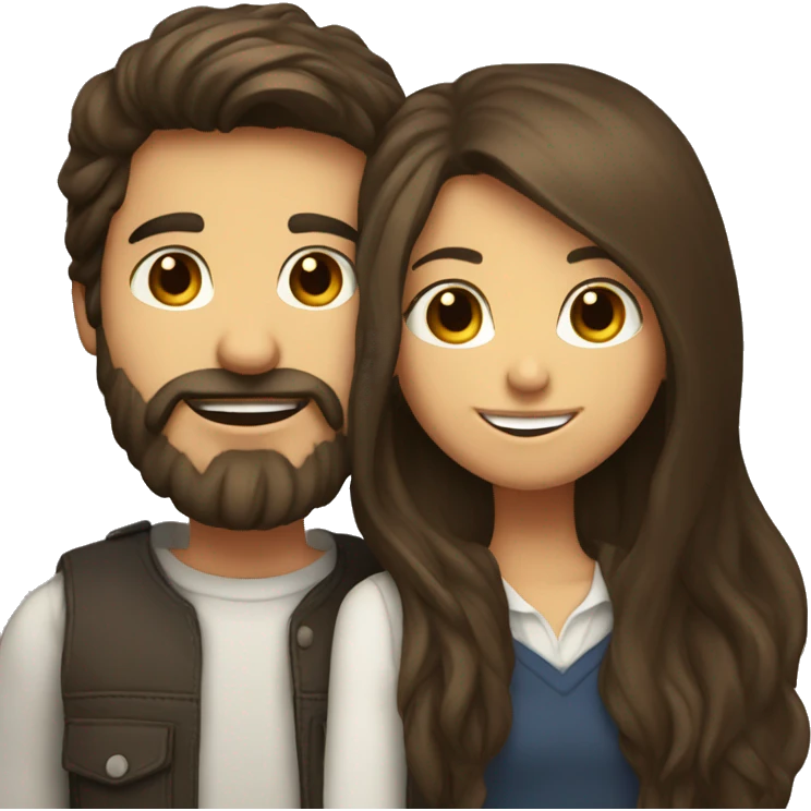 Brunette happy couple boy with beard and girl  with long hair kissing emoji