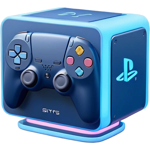Clash of Clans aesthetic: Cinematic Playful PlayStation 5 Console Portrait Emoji, rendered in a 3D vector-style similar to standard emojis with minimal shading and bold, simplified shapes. A compact, distinct form with signature details, softly glowing with a cutting-edge console technology charm. Simplified yet unmistakably iconic, highly detailed and consistent, glowing with a soft radiance and high shine. Stylized with a touch of technological advancement and a soft glowing outline, capturing the essence of a beloved gaming relic with a friendly, playful manner! emoji