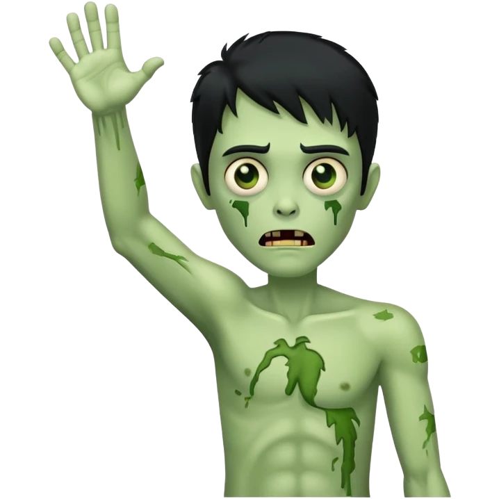 green zombie with one hand raised in the air and black hair emoji