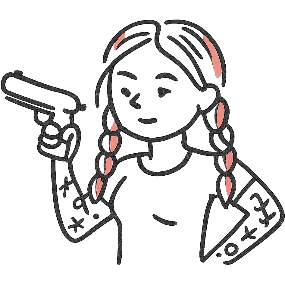 A character with red and white braided hair, tattoos on her arms, holding a gun emoji