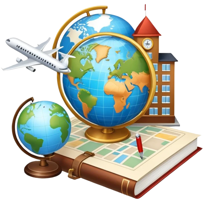 An icon featuring a hotel building, and a globe, symbolizing the scientific study of tourism and hospitality. The design includes a map, a plane and train, a compass, and a checklist, representing travel planning and service management. Transparent background emoji