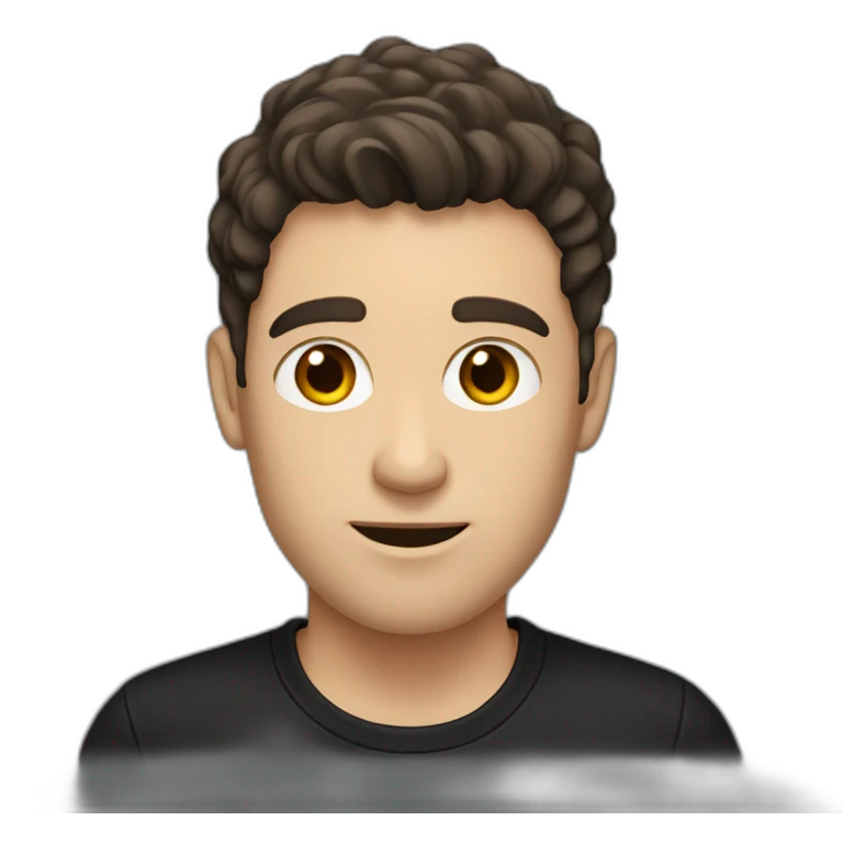 a slim white man with messy short dark brown hair, with a black t-shirt, side ears emoji