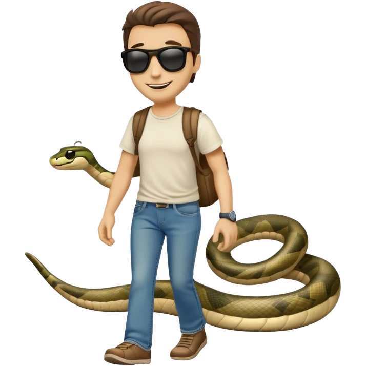 friendly anthropomorphised snake in jeans, t-shirt, dark sunglasses, walking with a smile emoji