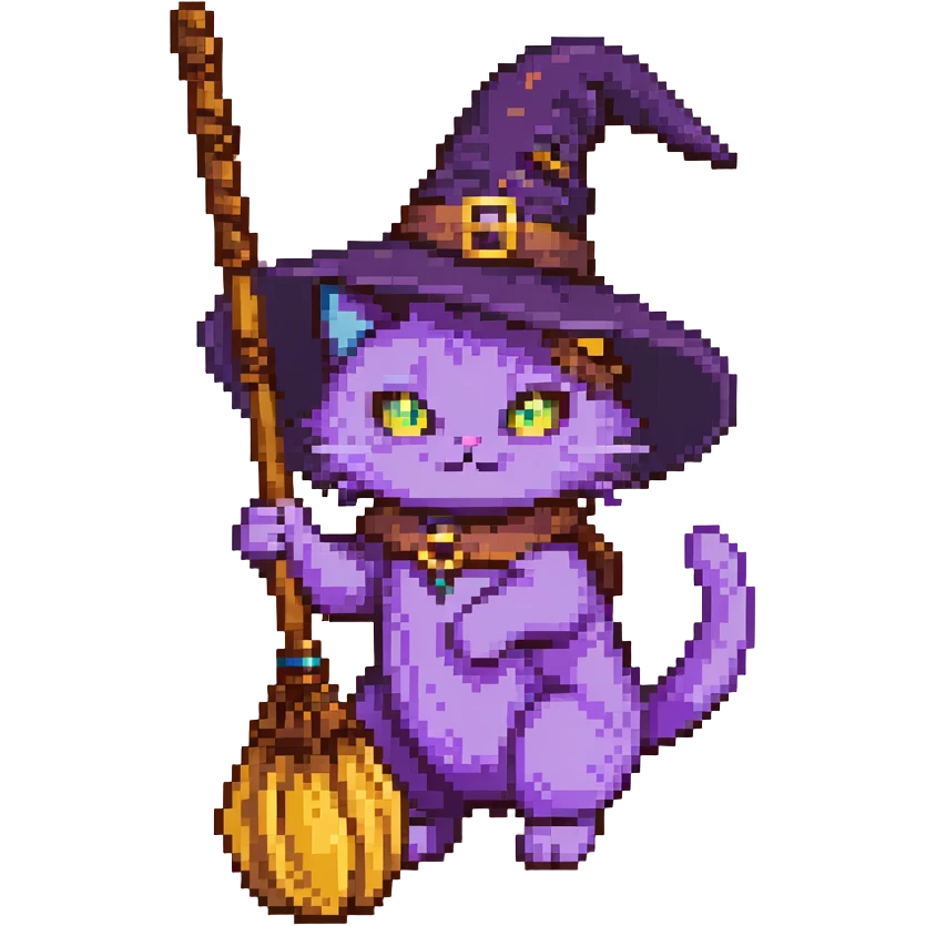 purple witch cat with a broom emoji