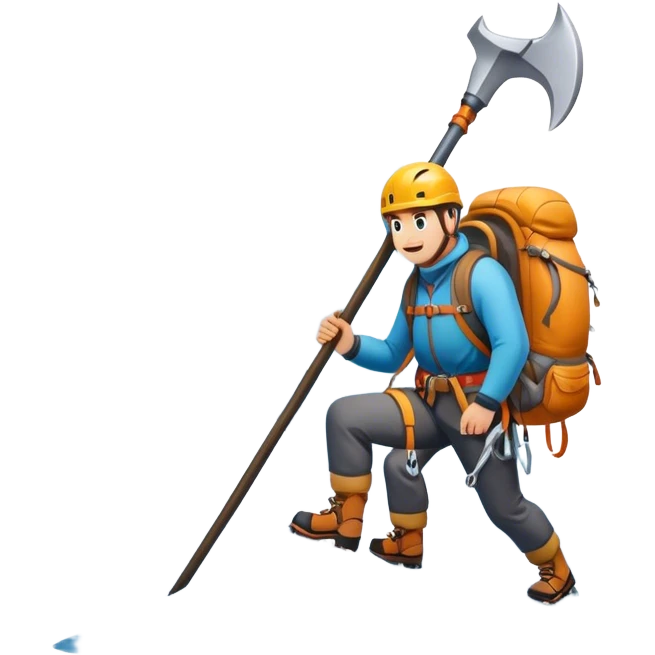 Icon for Mountain Tourism and Climbing: a mountain peak in the background, an ice axe, and climbing gear and backpack. The icon should capture the adventure and challenge of alpine exploration. Transparent background. emoji
