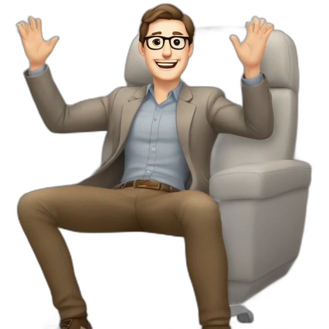 Joyful Celebrating victory Hands up Pale skinned Fit Man With dark brown hair in gray jacket, beige office shirt, Brown pants and vintage glasses sitting In a soft chair emoji