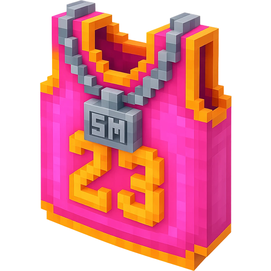 светящейся розовая баскетбольная майка с надписью "23" и серебряная цепь с надписью "SM", no background emoji