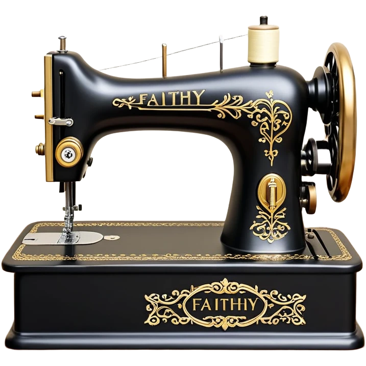 A stylish and elegant 3D logo design featuring a vintage sewing machine in a metallic black and gold finish. The sewing machine is detailed with realistic knobs, thread spools, and intricate parts, giving it a classic and luxurious feel. Engraved on the body of the sewing machine is the text "Faithy Stitches" in a sleek, elegant font. Below the machine, the brand name "Faithy Stitches" is prominently displayed in large, flowing cursive gold letters, with a tagline underneath that reads "STYLES IN ELEGANCE" in uppercase, modern serif font. The entire logo is set against a smooth, softly-lit background, giving it a professional, high-end appearance suitable for a fashion or tailoring brand. emoji