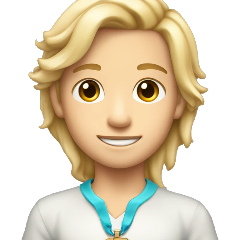 Full torso shot of Blonde hair brown eyes 4th grade boy wearing cross necklace holding dolphin emoji