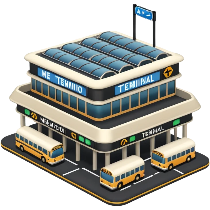 A 3D cartoon bus terminal with multiple buses parked, roofed structure, and directional signs, Memoji-style. emoji
