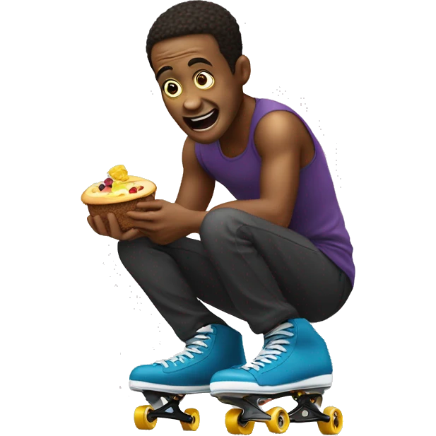 Greedy man eating food whilst skating on quads skates emoji