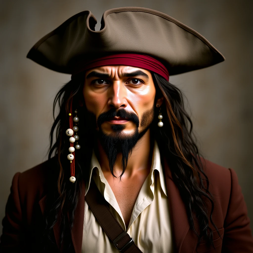 realistic portrait of Jack Sparrow, pirate captain, detailed pirate attire, tricorn hat, beaded hair, photorealistic style emoji