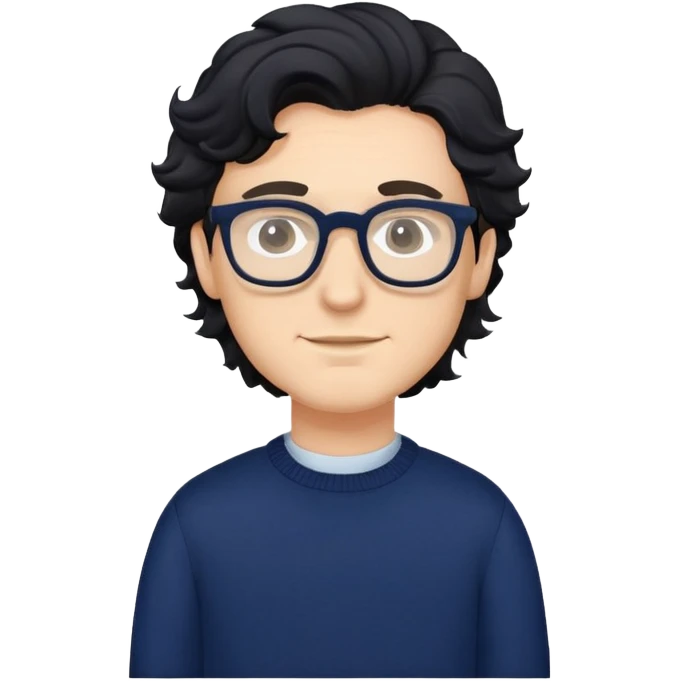 Caucasian man with black wavy hair wearing glasses and a long sleeve navy blue sweater emoji