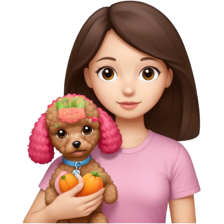 Long straight brunette girl with baby pink shirt holding a apricot toy poodle emoji