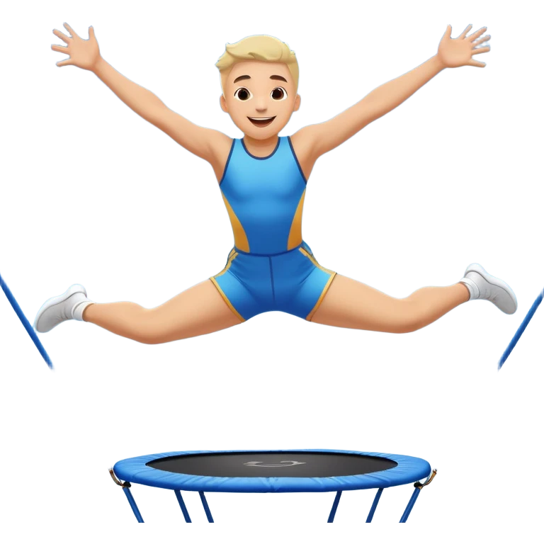 A joyful person mid-air, bouncing high on a trampoline with dynamic motion lines. Their body is stretched in an acrobatic pose, arms wide, legs bent. The scene is full of energy, with a bright blue sky and a fun, playful atmosphere representing excitement and agility. emoji