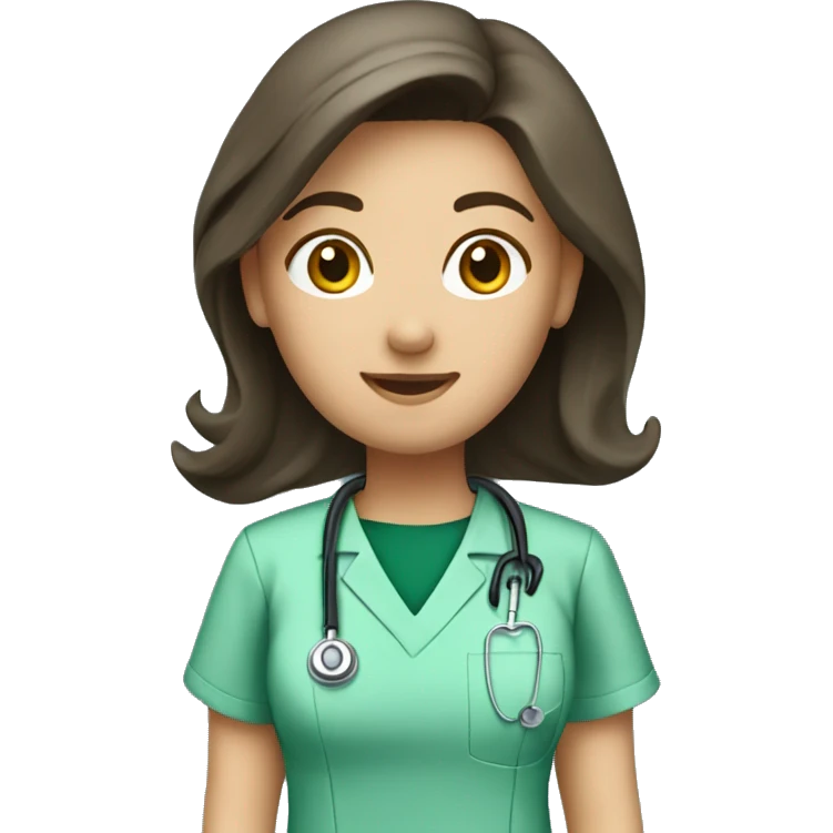 Brunette veterinary nurse. Bottle green scrubs emoji