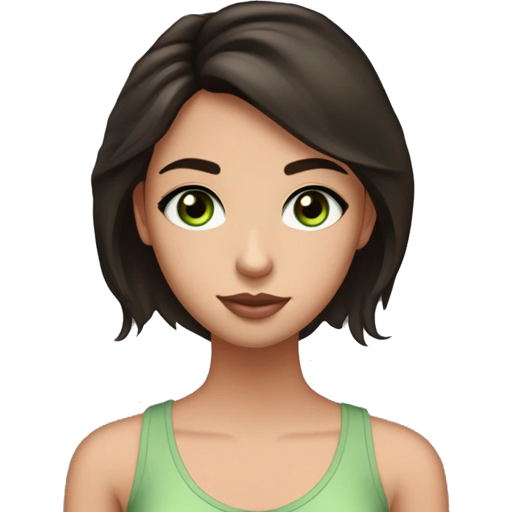 A teen girl with dark coffee brown hair, green doe eyes and big eyelashes. She is wearing a light pink tank top with a v neck like. She resembles Aria from pretty little liars  emoji