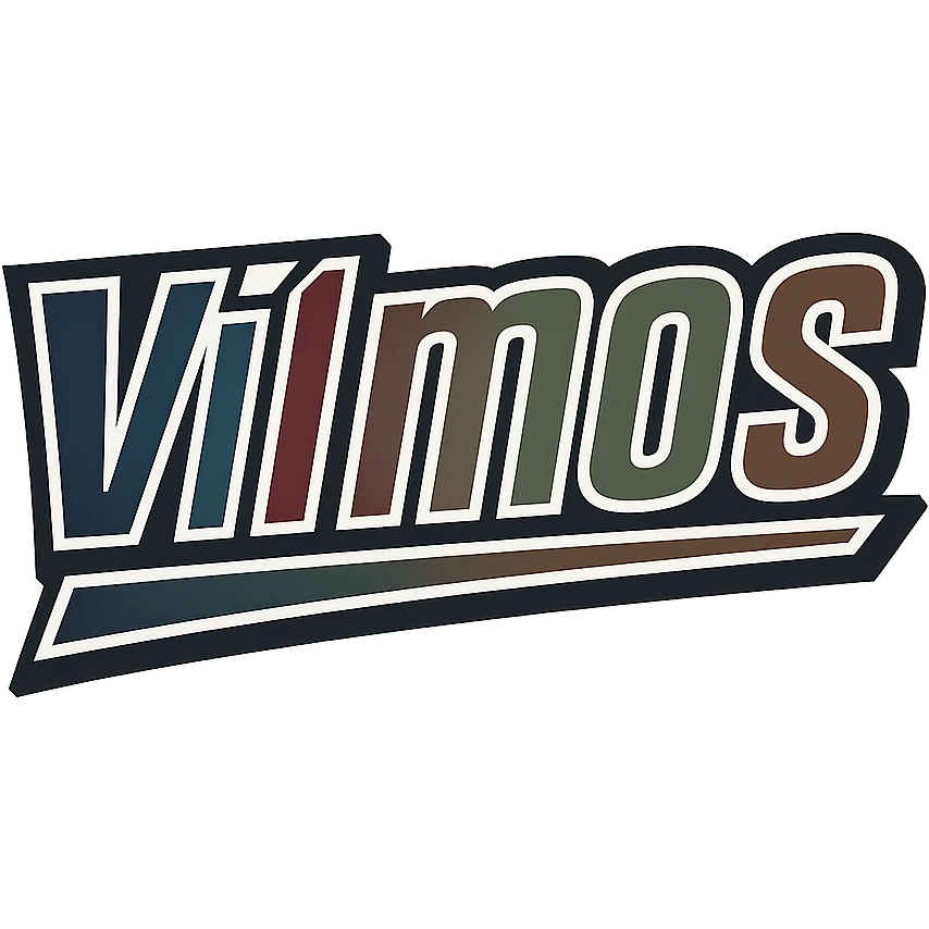 Vilmos name in masculine, modern gradient font with precise Hungarian characters, dark contour, extra wide and prominent white letter frame as in reference images, dynamic slanted underline, masculine color shades (blue, gray, burgundy, green, brown), 1000x1000 px, PNG, transparent background emoji