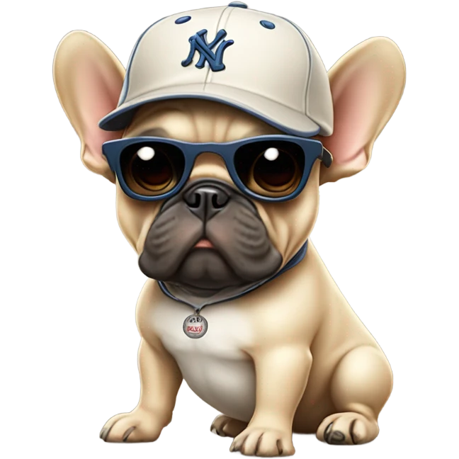 A beige French bulldog with a baseball bat and a baseball cap on with dark sunglasses emoji