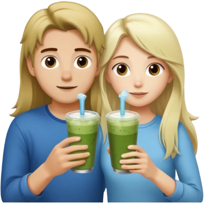 light blonde with long hair luxury girl and brown hair boy drinking ice matcha latte together emoji
