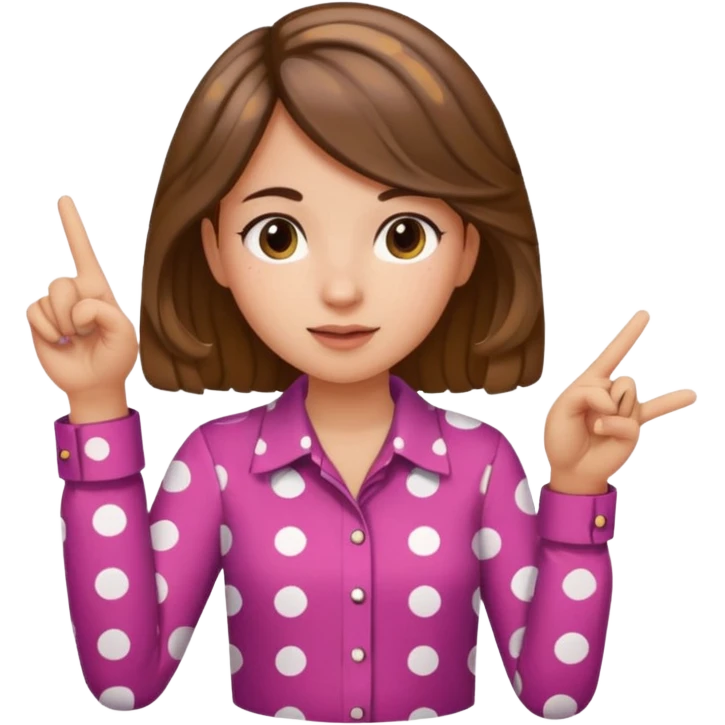 girl wearing a polka dots  shirt style, and poiting witgh her hand, her hair brown  emoji