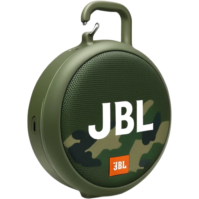 Super simplified JBL Clip 4, basic round speaker with hook, minimal green camouflage pattern, clear JBL logo, iOS emoji style emoji